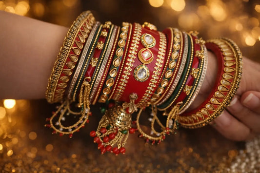 Premium Rajwadi bridal chura set with red and multicolor bangles, adorned with kundan stones and decorative latkan charms