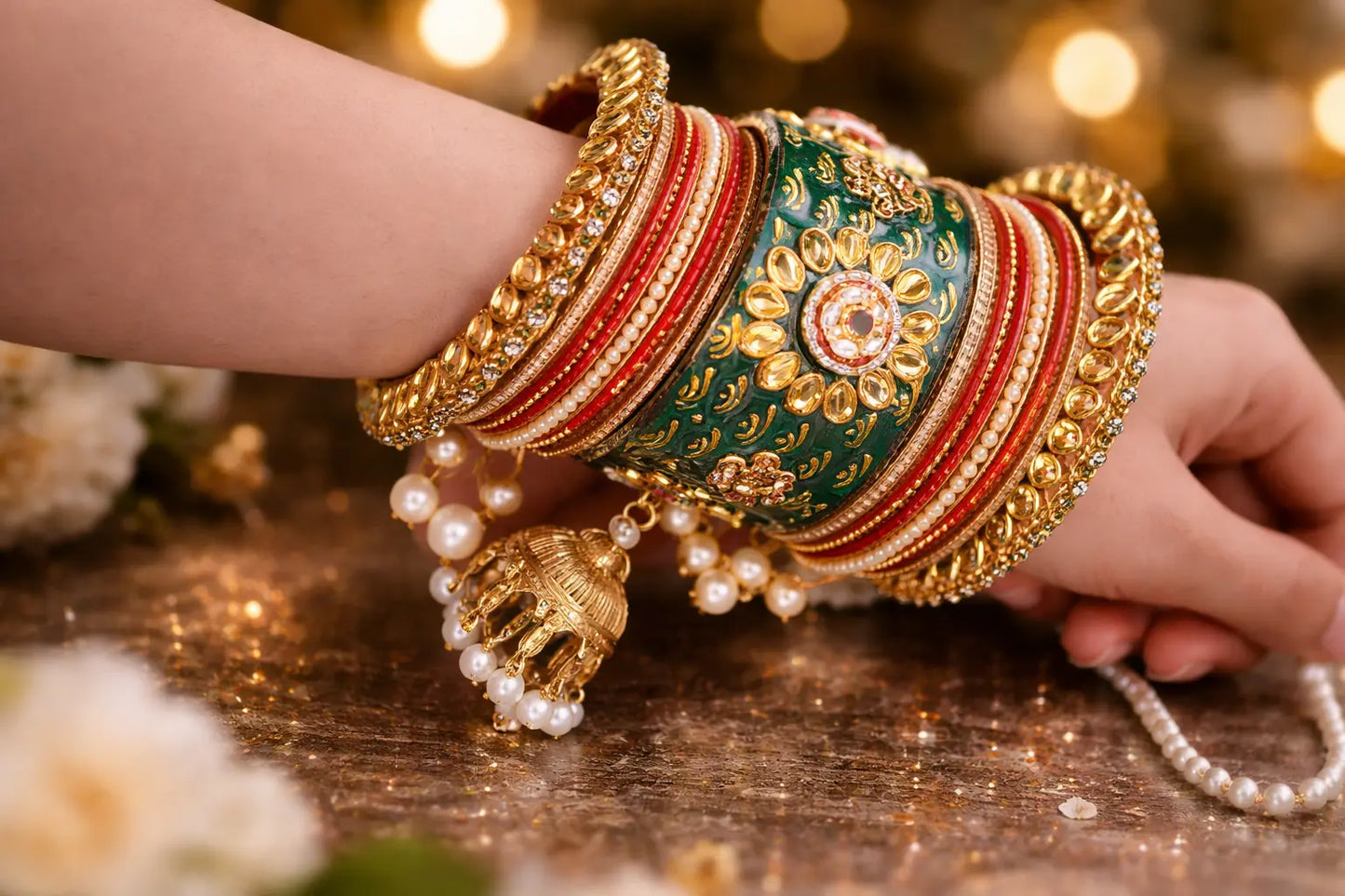 Rajwadi bridal chura set with green center kundan kangan, red and gold bangles, and pearl latkan details