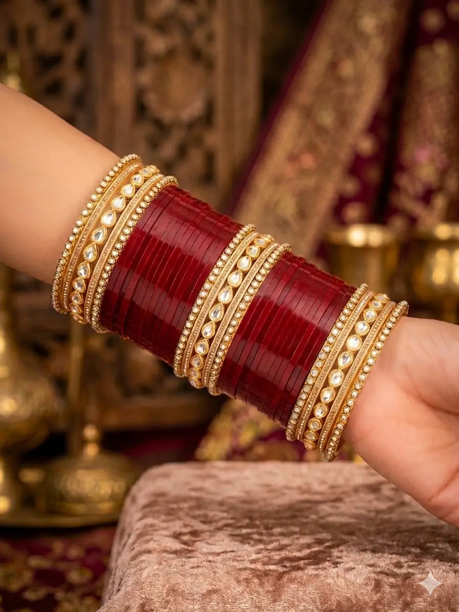 Red Punjabi Chura set with maroon bangles and gold Kundan accents