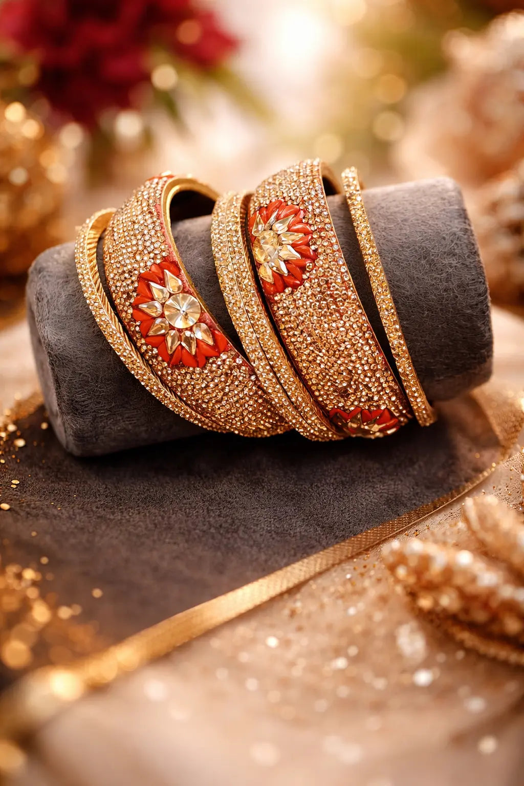 Red crystal Kundan kara set with gold finish and floral stone detailing