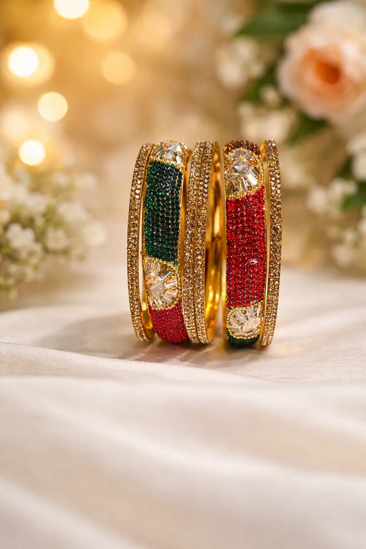 Red and green stone-studded gold kara set for women