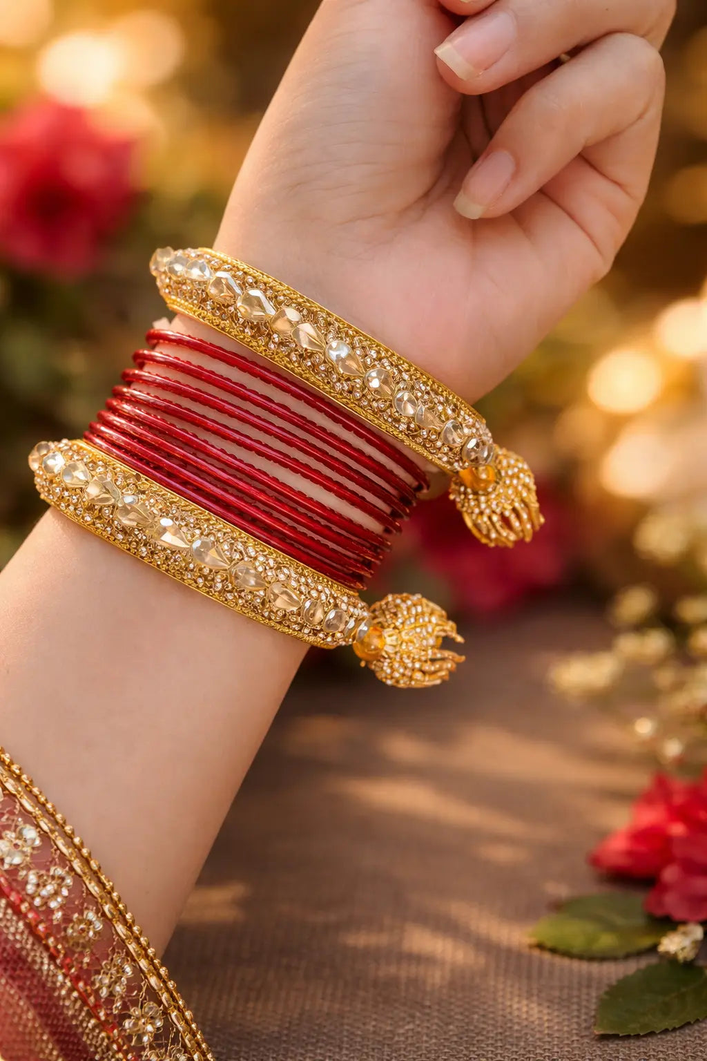 Red bridal Kundan kara set with gold detailing, embedded stones, and attached haathphool design paired with red bangles