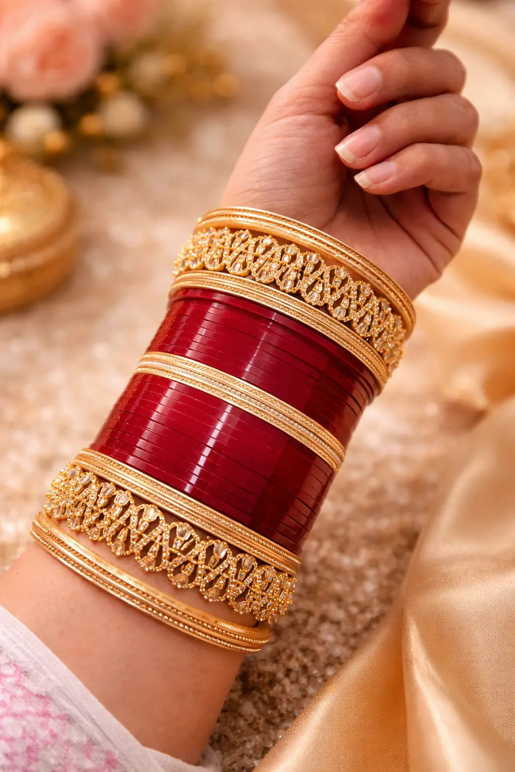 Red bridal chura set with golden bangles