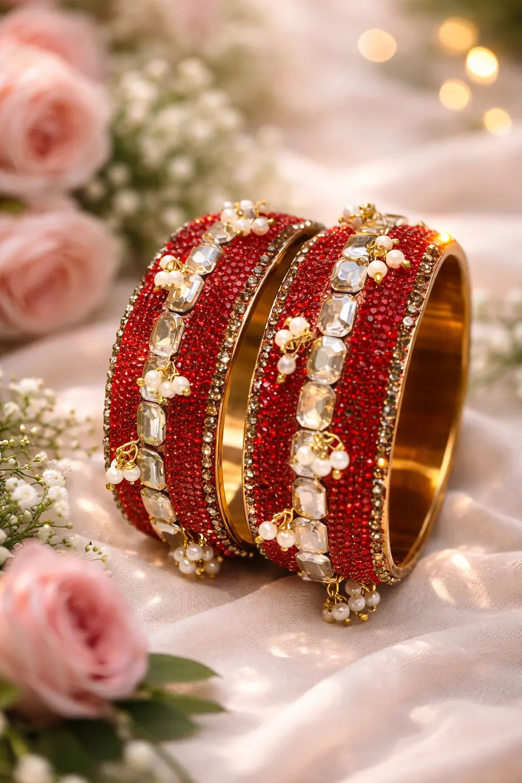 Red crystal bridal kara set featuring gold-tone bangles with sparkling stones and pearl embellishments