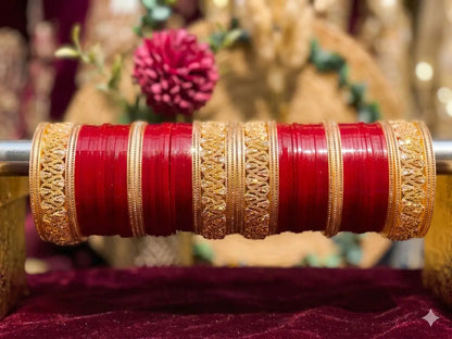 Traditional Red Punjabi Bridal Chura Set with Gold Kundan Work