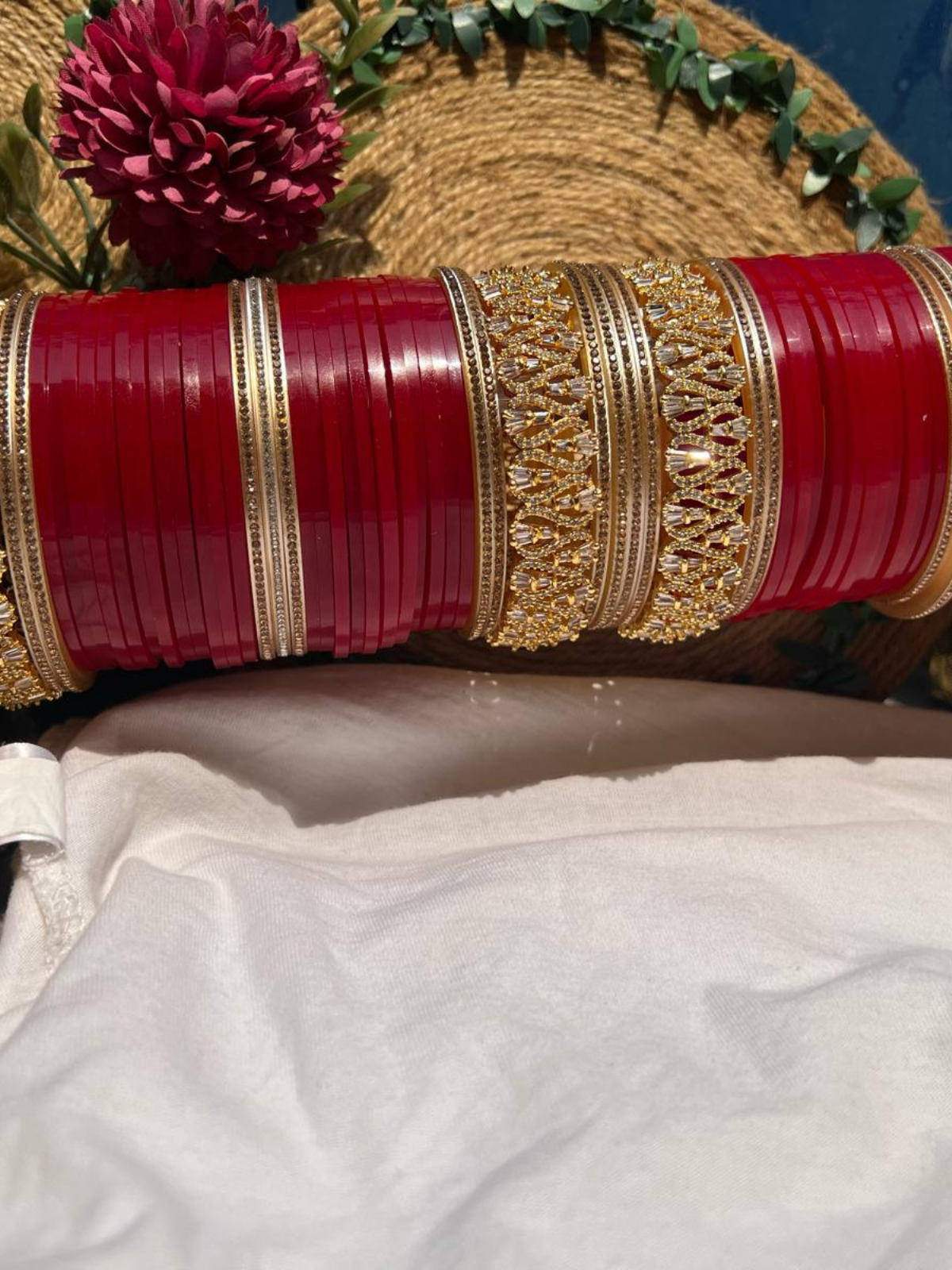 Traditional Red Punjabi Bridal Chura Set with Gold Kundan Work