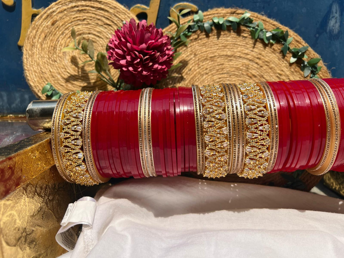 Traditional Red Punjabi Bridal Chura Set with Gold Kundan Work