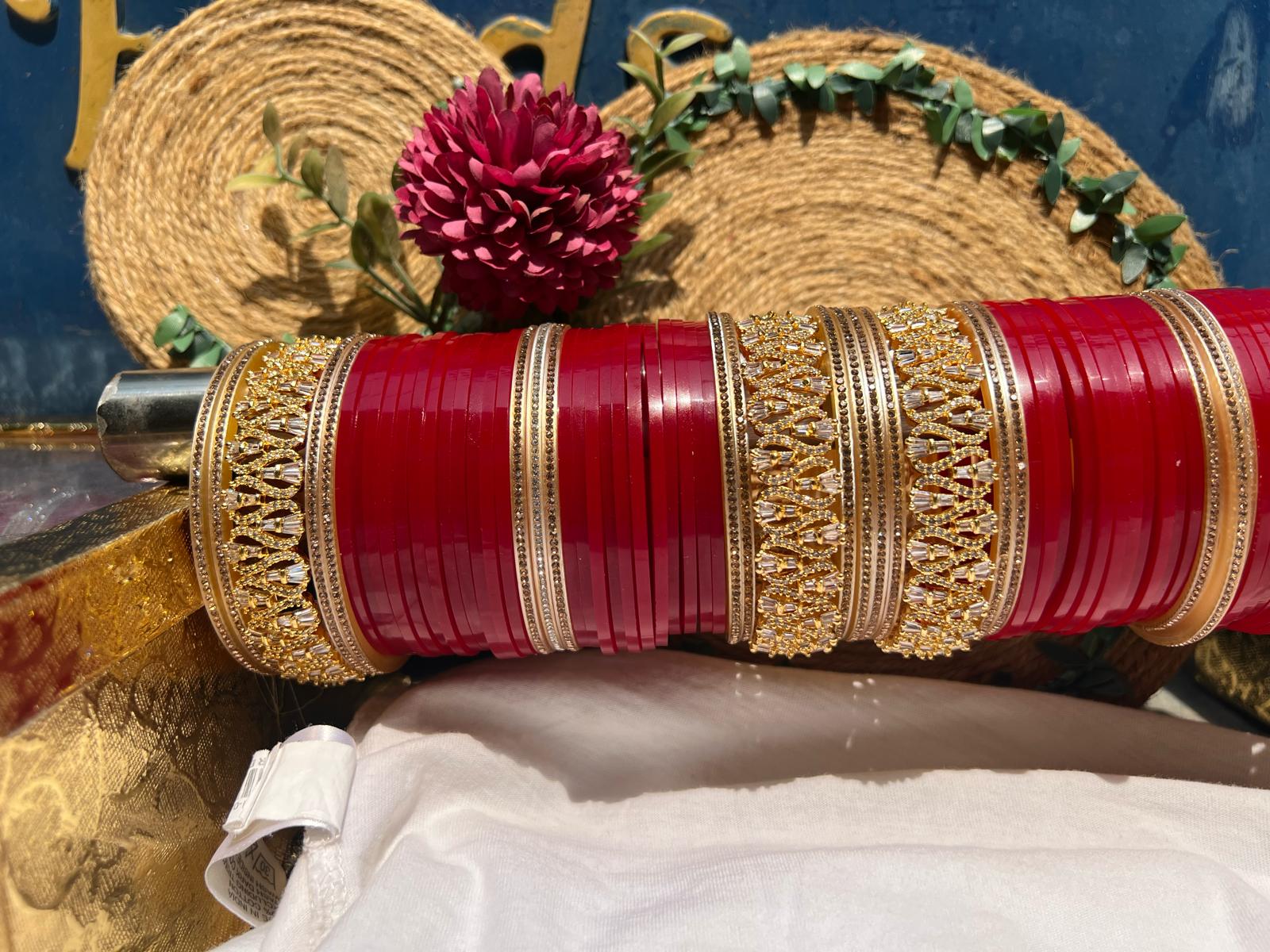 Traditional Red Punjabi Bridal Chura Set with Gold Kundan Work