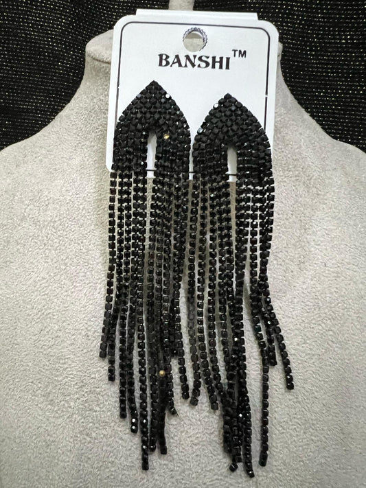 Black Crystal Long Tassel Earrings for Women – Statement Party Earrings