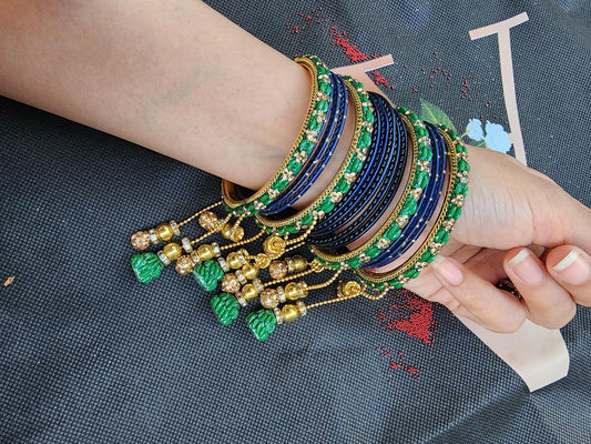 Buy Blue Green Bridal Bangles Set with Latkan Online Pakistan