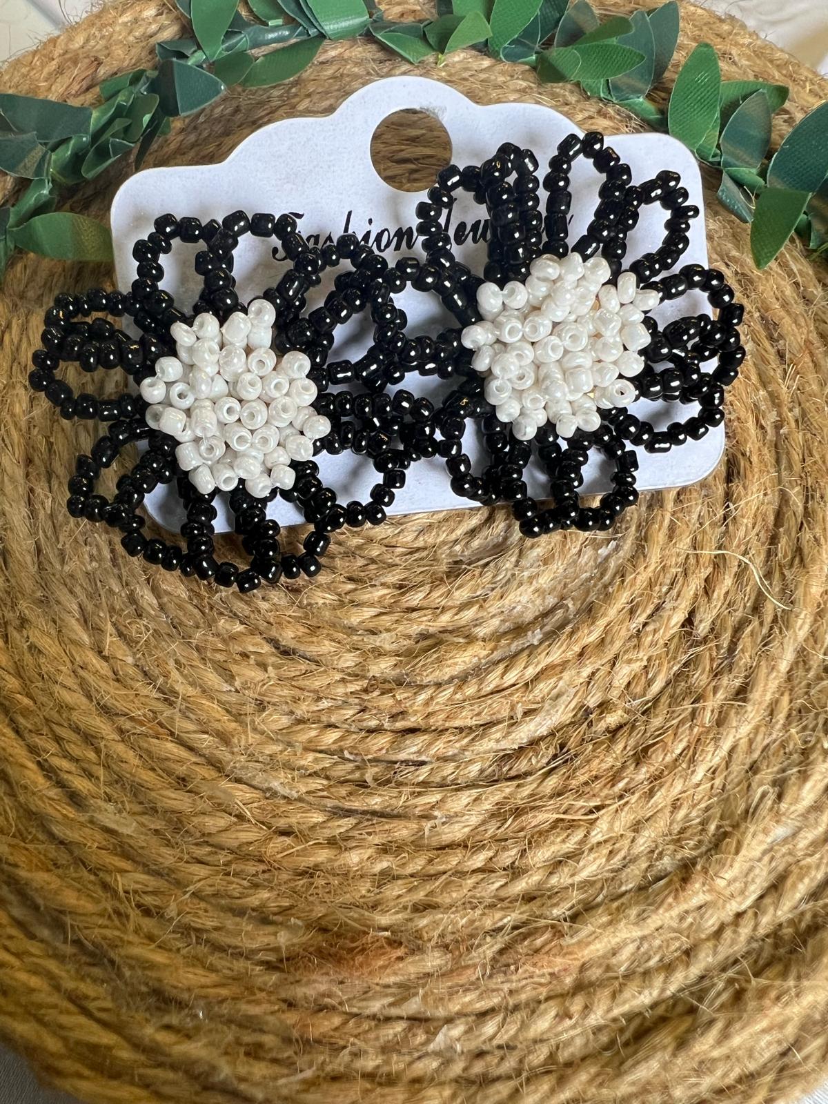Buy Black White Beaded Flower Statement Earrings for Women Pakistan