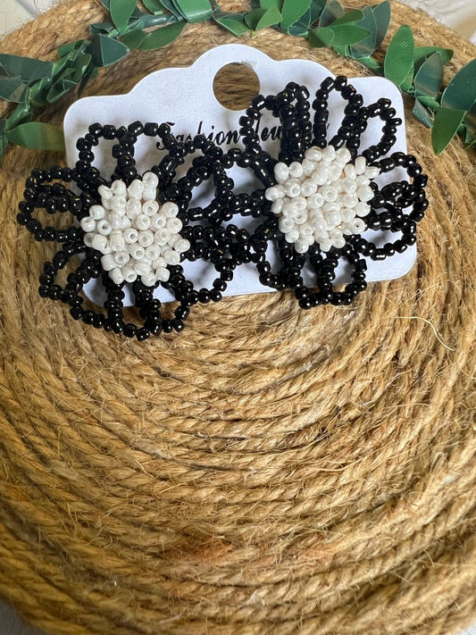 Buy Black White Beaded Flower Statement Earrings for Women Pakistan