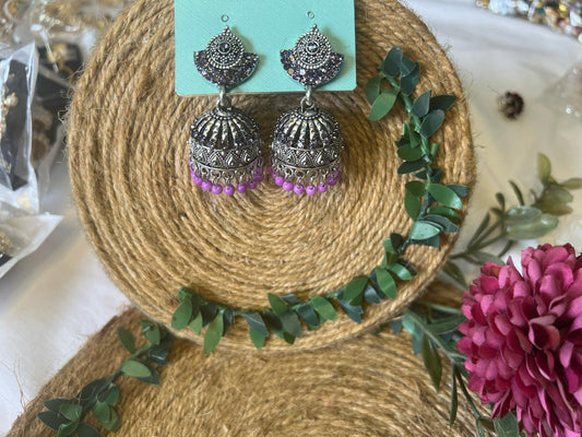 Oxidized Silver Purple Beads Jhumka Earrings for Women