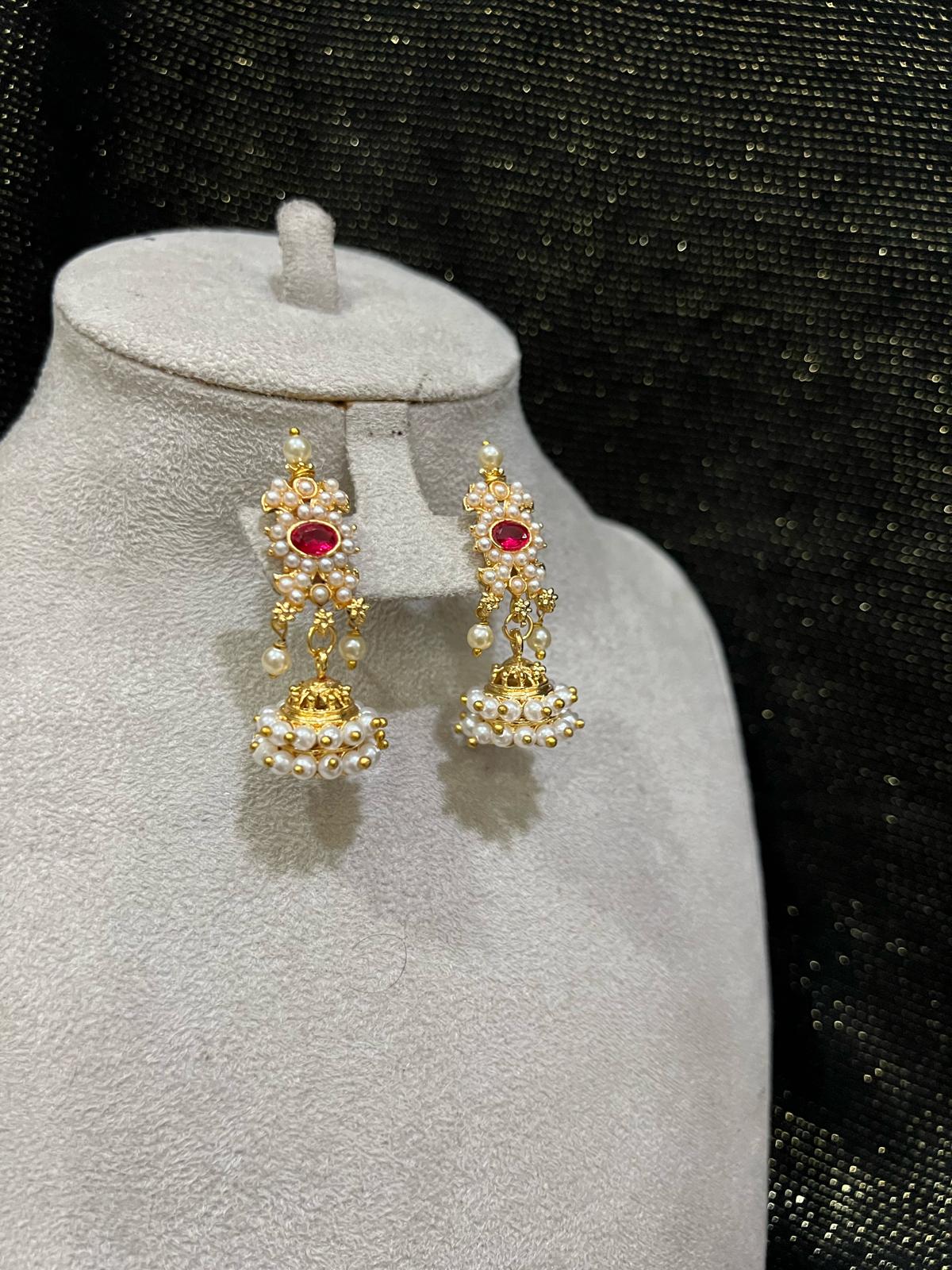 Buy Traditional Pearl Jhumka Earrings Red Stone for Women Pakistan