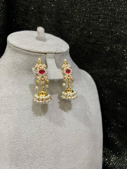 Buy Traditional Pearl Jhumka Earrings Red Stone for Women Pakistan