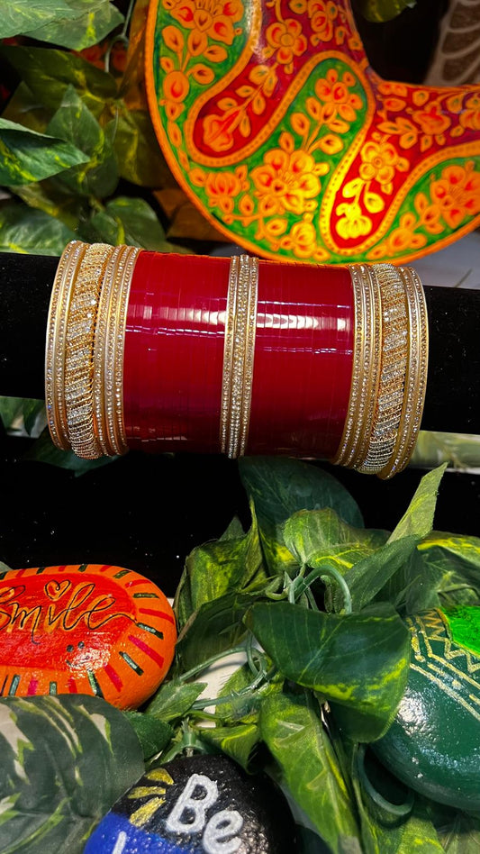 Indian Punjabi Bridal Chura Set Red with Stone Work Bangles