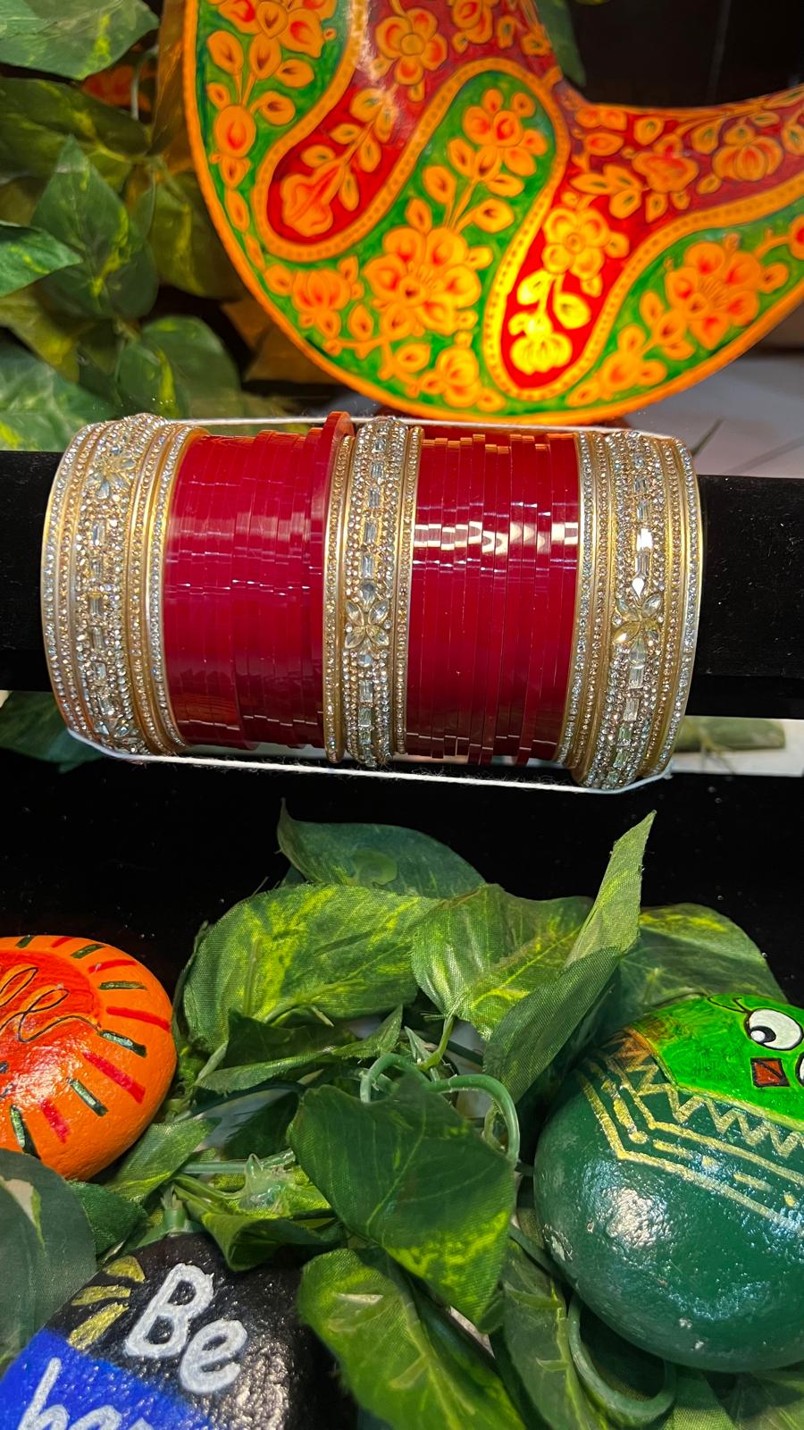 Punjabi Bridal Chura Set – Red Kundan Wedding Bangles