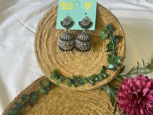 Oxidized Silver Black Beads Jhumka Earrings for Women